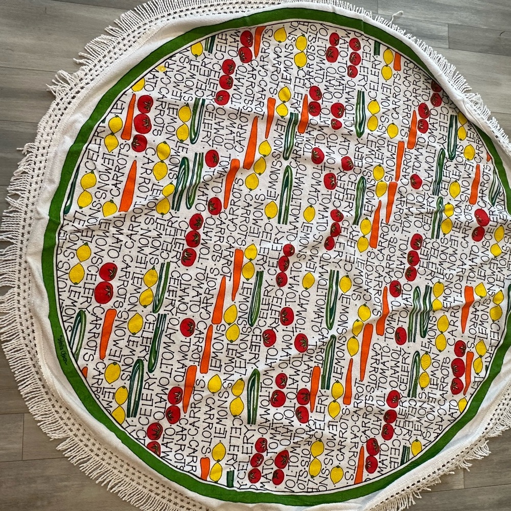 Vintage 1977 Stella Olsen Round Vegetable Tablecloth Made in USA. Like new